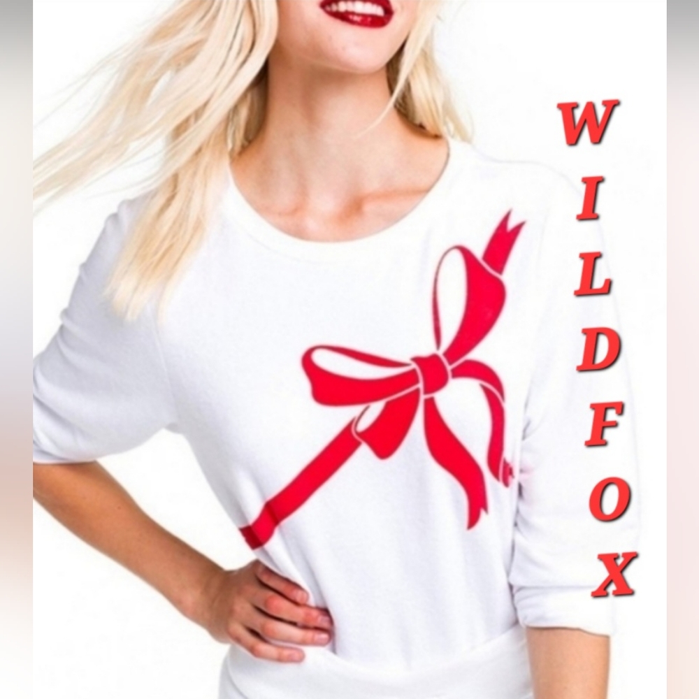 WILDFOX White French Terry  Red Ribbon Present Wrap Bow BBJ Jumper Pullover Top - Picture 3 of 12